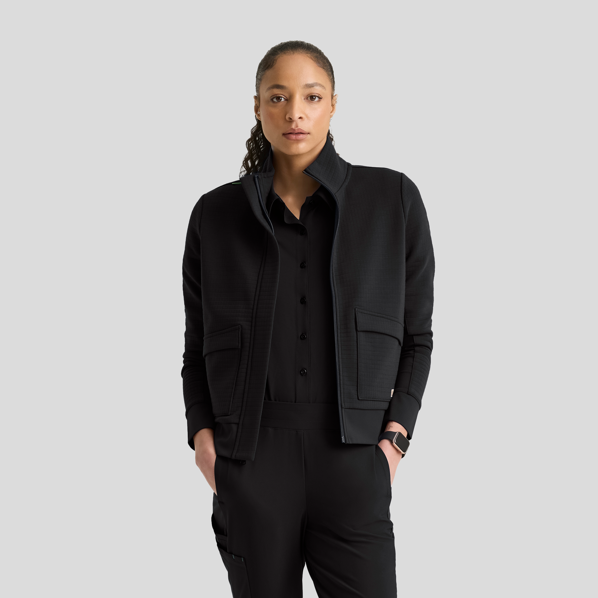 Regina 3 Pocket Mock V-Neck Zip Front Jacket | Black